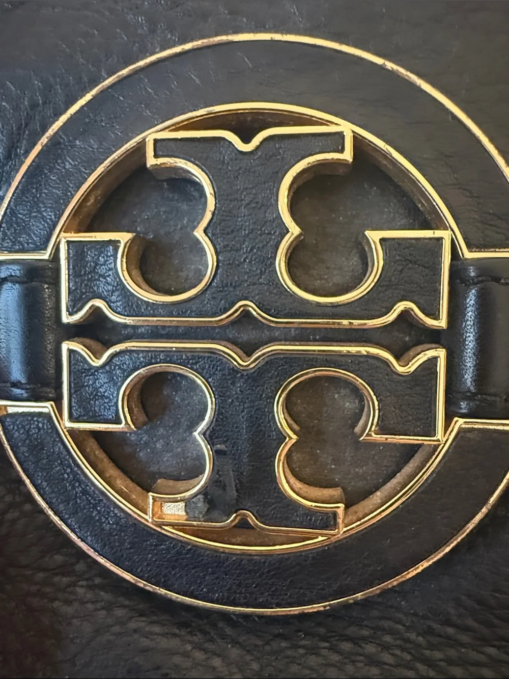 Tory Burch Black Leather Shoulder Tote with Gold Logo Medallion